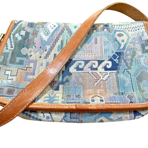 Italian Tapestry Purse 1980s Multicolor & Tan Leather Shoulder Bag Unique Retro - Picture 5 of 11